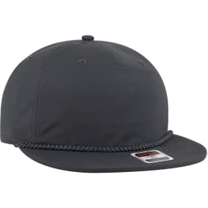A grey 5 Panel Pro Style Snapback Cap with a braided detail on the brim and a logo on the front.