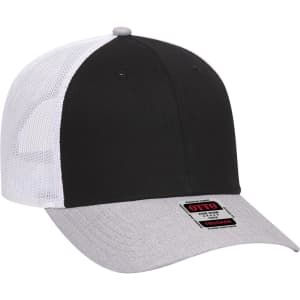 A black and white 6 panel low profile trucker cap with a grey peak and a branded logo.