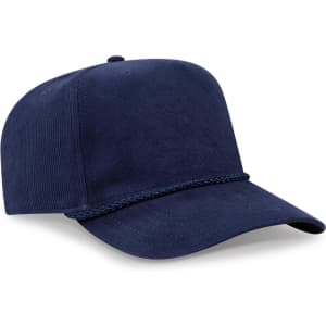 A navy blue 5 panel mid profile baseball cap with a braided detail on the front. Features a branding logo.