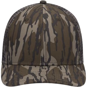 A camo 6-panel low profile baseball cap in shades of brown and green with a logo on the front.