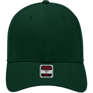 A green 6 panel low profile baseball cap featuring a logo on the front and a flexible fit design.