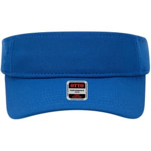 A blue sun visor featuring a wide brim and a branded patch on the front.