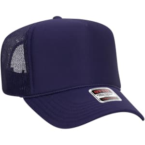 A 5 Panel High Crown Trucker Cap in navy blue with a mesh back and a small logo.