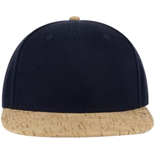 A navy snapback cap with a cork-style brim and a logo on the front.