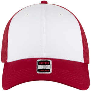 A red and white 6-panel low profile trucker cap featuring a mesh back and an emblem on the front.