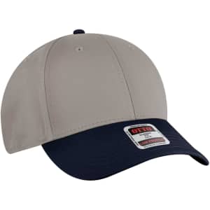 A beige and navy six-panel low-profile baseball cap with a branded label.
