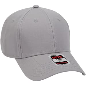 A grey 6 panel low profile baseball cap with a logo on the front.