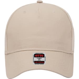 A beige 5 Panel Low Profile Baseball Cap featuring a label and a curved brim.