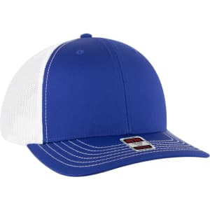 A blue and white 6 panel mid-profile trucker cap with a mesh back and branded tag.