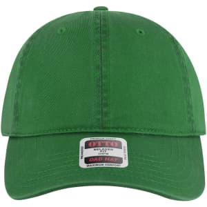 A green 6 panel low profile dad cap with an adjustable strap and a logo on the front label.