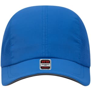 A reflective blue six-panel running cap with a branded label on the front.