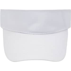 A white sun visor featuring a curved brim and a smooth surface, with a logo on the front.