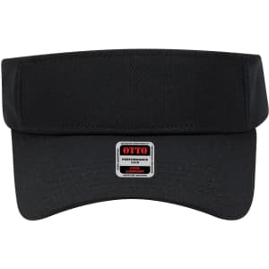 A black sun visor featuring a wide brim and mesh fabric. It has a small logo tag.