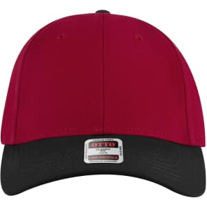 A six-panel low profile baseball cap in red and black, featuring a logo on the front.