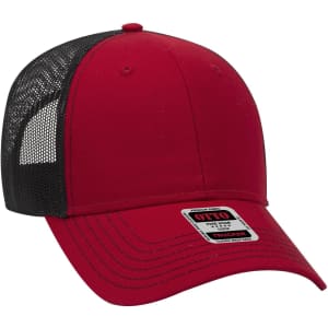 A red 6-panel low profile trucker cap with a black mesh back and a decorative label.