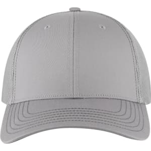 A grey 6-panel low-profile trucker cap featuring a solid front and mesh back. It includes a logo on the front.