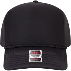 A black 5 Panel High Crown Full Foam Cap with a structured foam front and a branded tag at the front.