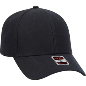 A black six-panel low profile baseball cap with a logo on the front, showcasing a classic design.