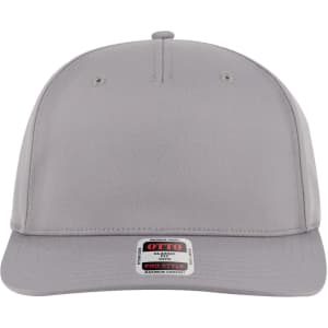 A grey 5 panel pro style snapback hat featuring a flat brim and a logo on the front.
