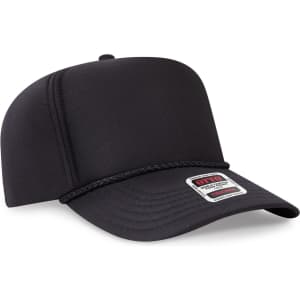 A black 5 panel high crown full foam cap with a braided band and a logo on the front.