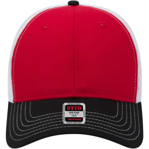 A red, black, and white 6-panel low profile trucker cap featuring a logo on the front.