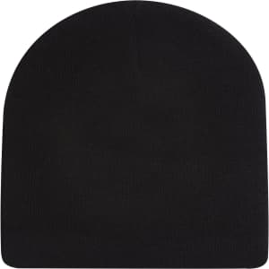 A black classic knit beanie with a fitted design and a smooth texture. It features a branding logo.