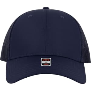 A navy low profile trucker cap featuring a mesh back and a branded logo on the front.
