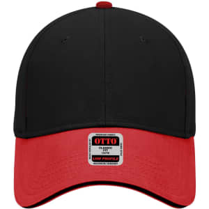 A black and red six-panel low profile baseball cap with a logo on the front.