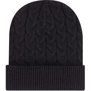 A black cable knit beanie with a rib knit cuff, featuring a branded logo.