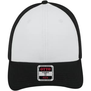A 6 panel low profile trucker cap featuring a white front and black mesh back, with a logo on the front.