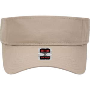 A beige sun visor with a wide brim and a logo on the front.