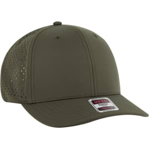 A green 6-panel mid-profile baseball cap with mesh venting and a brand logo on the tag.