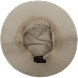 A beige bucket hat with a textured exterior and a smooth interior. It features a logo inside.