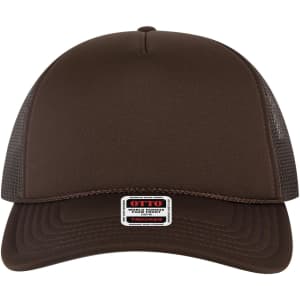 A brown 5-panel low profile trucker cap with mesh panels and a branded label on the front.