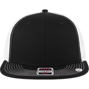 A black and white 6-panel mid-profile trucker cap featuring a snapback design and a grey undervisor.