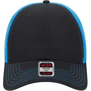 A black and blue six-panel low profile trucker cap featuring a mesh back and a logo on the front.