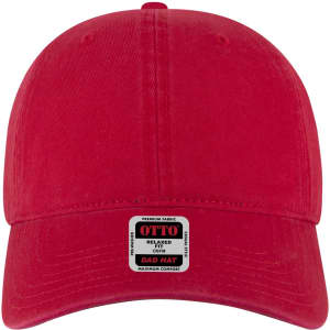 A red 6-panel low profile dad cap featuring a logo on the front.