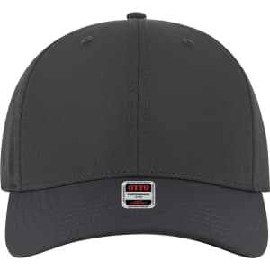 A grey 6 panel mid-profile baseball cap with a logo on the front and a rounded peak.