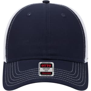 A navy blue and white 6-panel low profile trucker cap with a logo on the front.