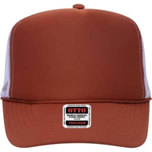 A brown and white 5 Panel High Crown Trucker Cap featuring a foam front and mesh sides, with a logo on the front.