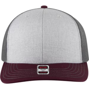 A grey and maroon 6 Panel Mid Profile Trucker Cap with a logo on the front.