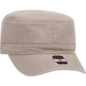 A military-style hat in light khaki colour with a folded brim and a logo on the side.