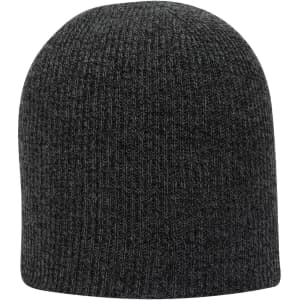 A premium rib knit beanie in dark grey, featuring a snug, fitted design and a textured finish.