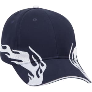 A navy baseball cap featuring white flame graphics and a logo on the front panel.