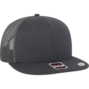 A six-panel mid-profile trucker cap with a grey undervisor and mesh sides, featuring a logo on the front.