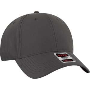 A grey low-profile baseball cap with six panels and a logo on the front.