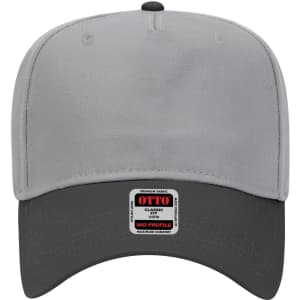 A grey 5 panel mid crown baseball cap with a black peak, featuring a branding label on the front.