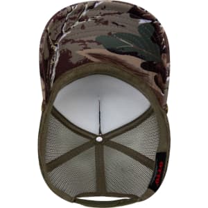 A high crown trucker cap in a camouflage pattern with a mesh lining and green underside. It features a logo on the side.