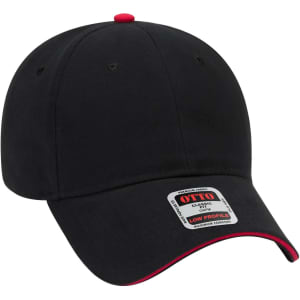 A black low profile baseball cap with red accents and a logo on the front.