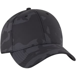 A black camo baseball cap with a low profile and six-panel design. It features a logo on the front.